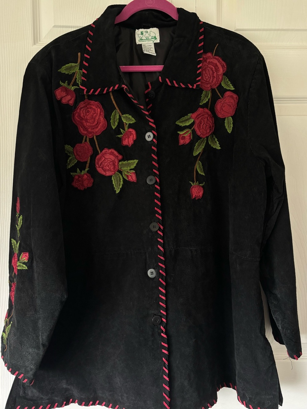 Cracker Barrel Black Suede Jacket with Red Rose Embroidery